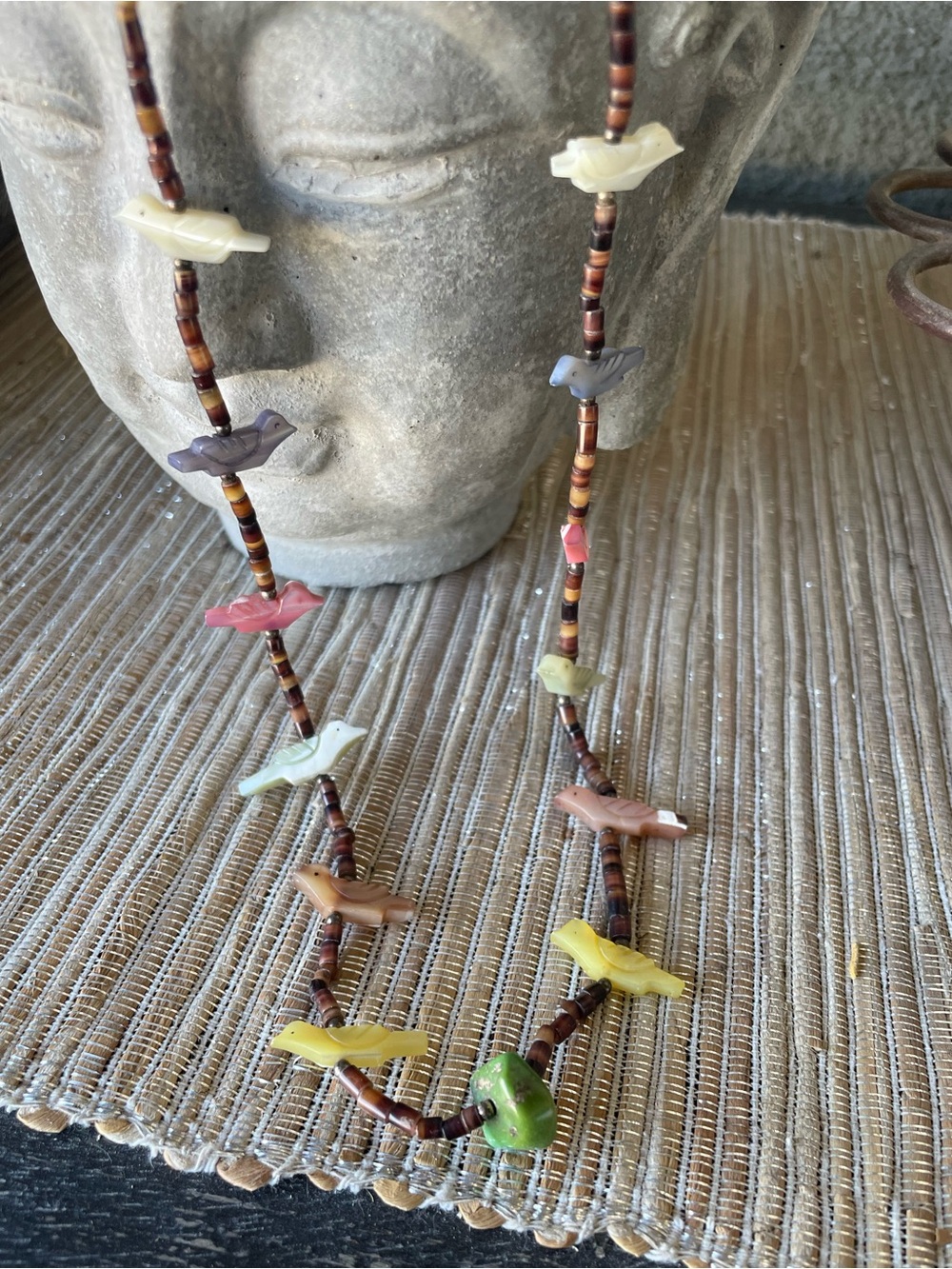 Native American (Zuni) Fetish Bird Stone & Heshi Shell Necklace - 23.5”